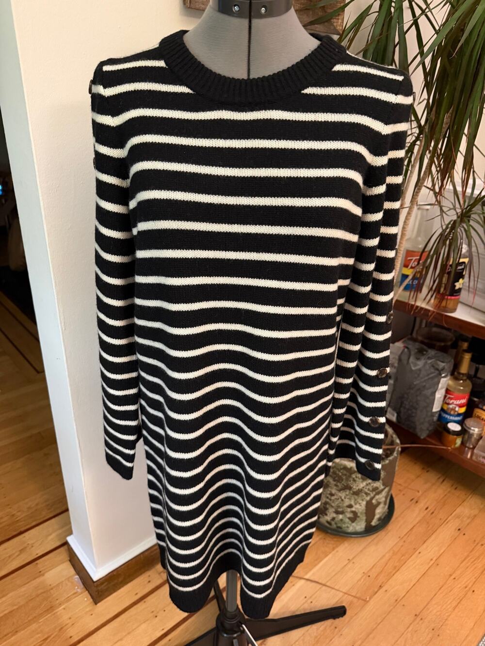 Madewell Black & Cream Striped Button-Sleeve Sweater Dress - Size Small (NWT)